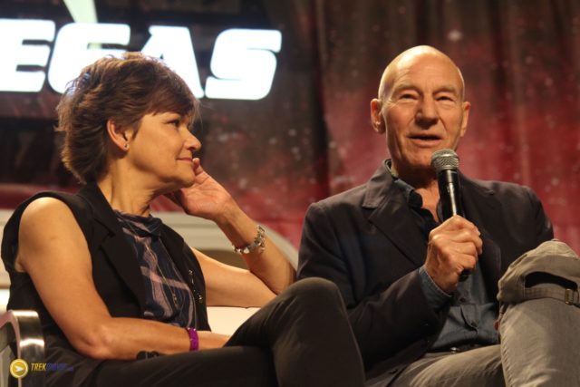 Margot Rose and Patrick Stewart on a panel for "The Inner Light" at Star Trek Las Vegas 2017