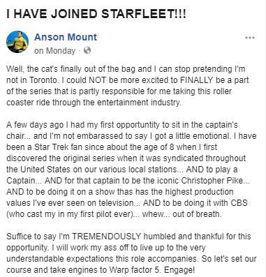 Anson Mount Facebook post about being cast as Captain Pike on Star Trek: Discovery