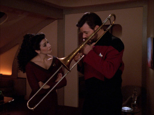 Riker playing the trombone in "Conundrum"