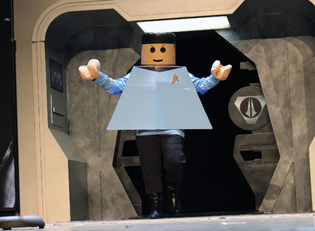 Lego Spock makes a grand entrance onto the main stage at 55-Year-Mission