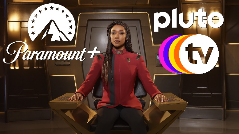An advertisement for Paramount+ and Pluto TV featuring Captain Michael Burnham (Sonequa Martin-Green) from Star Trek: Discovery