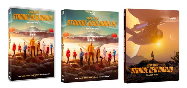 Image showing the DVD, Blu-ray, and Steelbook versions of 'Strange New Worlds' Season 1 on disc.
