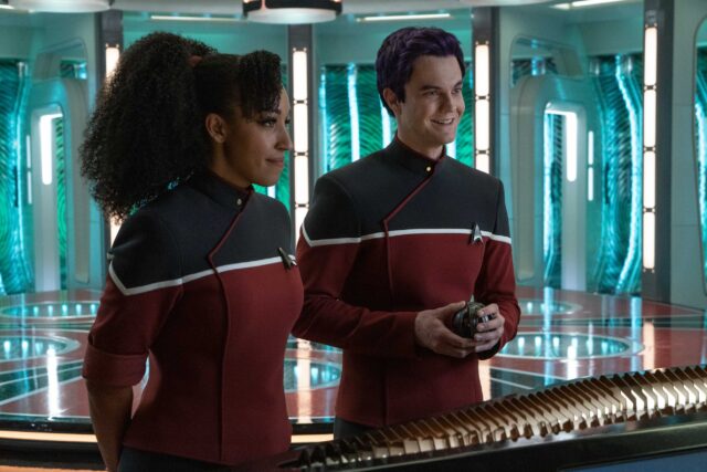 Mariner (Tawny Newsome) and Boimler (Jack Quaid) arrive on the Enterprise in Strange New Worlds season 2