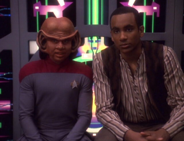 Nog (Aron Eisenberg) and Jake in DS9's "In the Cards"
