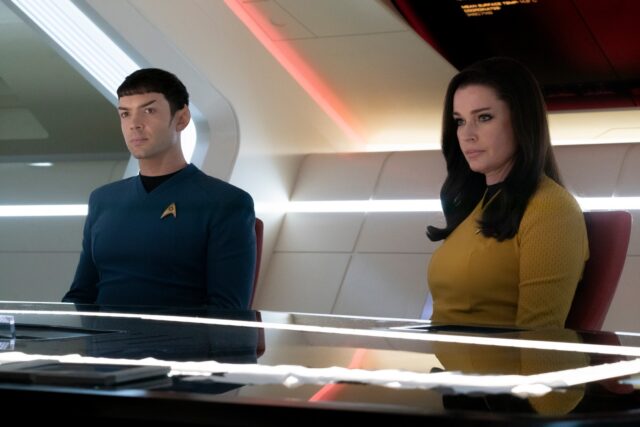 L-R Ethan Peck as Spock and Rebecca Romijn as Una in Star Trek: Strange New Worlds streaming on Paramount+, 2023. Photo Credit: Michael Gibson/Paramount
