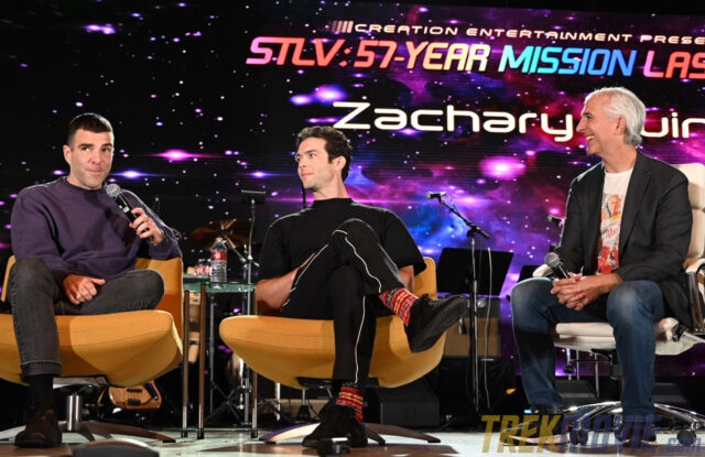 Zachary Quinto and Ethan Peck with moderator Scott Mantz at STLV 2023 (Photo: Jon Spencer/TrekMovie.com)