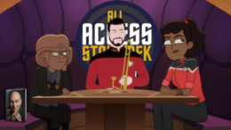 All Access Star Trek podcast episode 159 - TrekMovie - Lower Decks, Mariner and Quimp at a table with Riker from very Short Treks