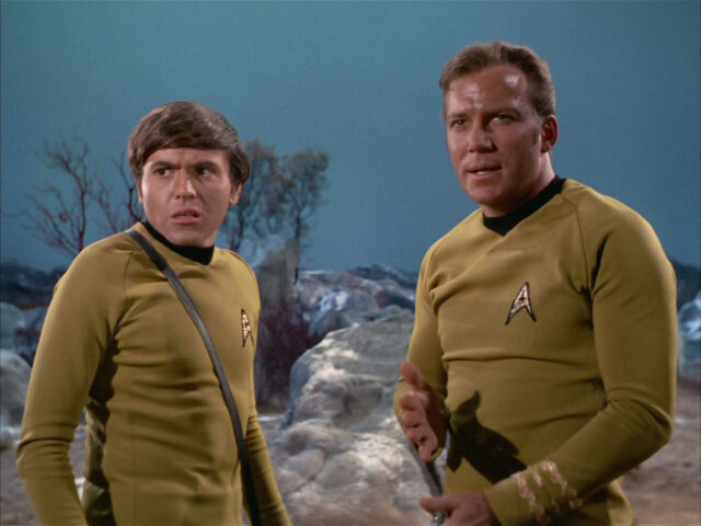 Chekov (Walter Koenig) and Kirk (William Shatner) with Styrofoam rocks in TOS' "Spock's Brain"