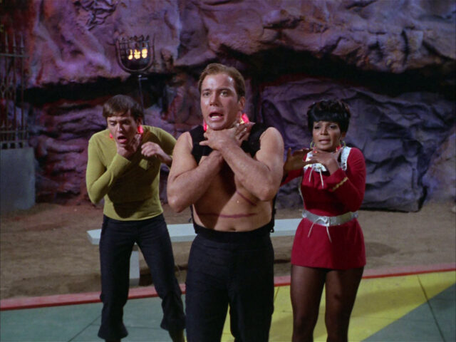 Chekov (Walter Koenig), Kirk (William Shatner), and Uhura (Nichelle Nichols) in Star Trek's "The Gamesters of Triskelion"