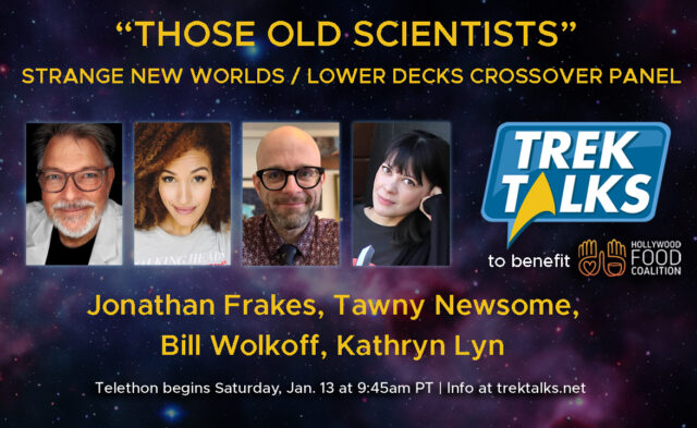 Strange New Worlds/Lower Decks crossover panel with Jonathan Frakes, Tawny Newsome, Bill Wolkoff, and Kathryn Lyn, moderated by Laurie Ulster
